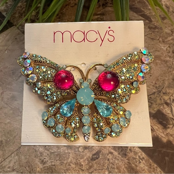 Large Gold Tone Multi Color Crystal Rhinestone Butterfly Brooch Pin - Picture 1 of 8